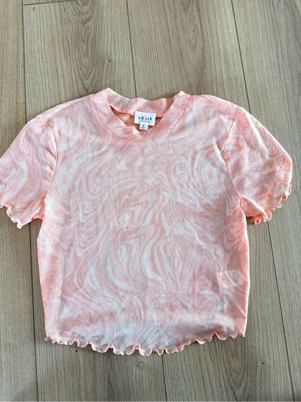 LE LIS Marble Print Mesh Crop Top | Pink & White | Size Small | Y2K Ruffle-Edge